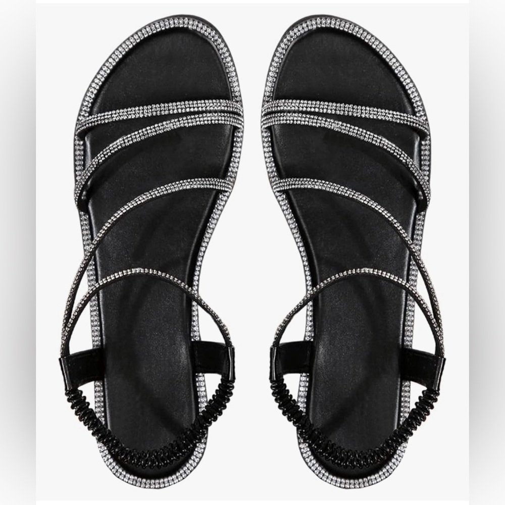 Womens Rhinestone Flat Sandals Black Strappy Dressy Open Toe Summer Beach Slides